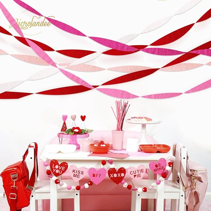 NICROLANDEE 5 Rolls Pink Red White Crepe Paper Streamers for Wedding, Birthday, Valentine's Day Decorations, Bachelorette, Bridal Baby Shower, Backdrop or Photo Booth