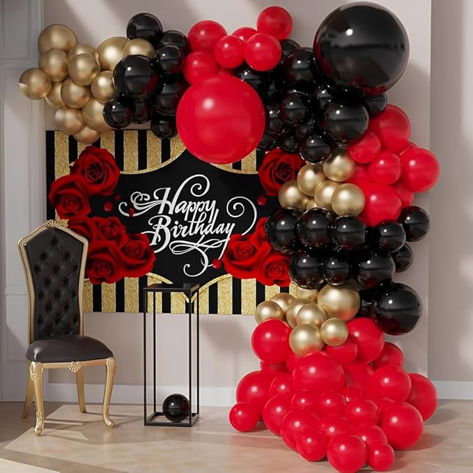 200 Pcs Black Red and Gold balloons 12 Inch Latex Metallic Chrome Balloon Arch Garland Kit for Birthday Wedding Bridal Baby Shower Supplies Graduation Party Decoration