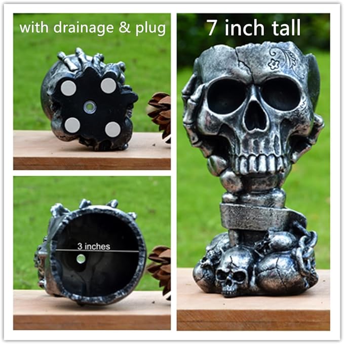 Skull Planter, Gothic Planters for Halloween Decorations Indoor/Outdoor Plants, Goth Flower Pots, Plant Pots, Skull Flower Pot, Plant Pot, Unique Vase with Drainage(Tall Black)