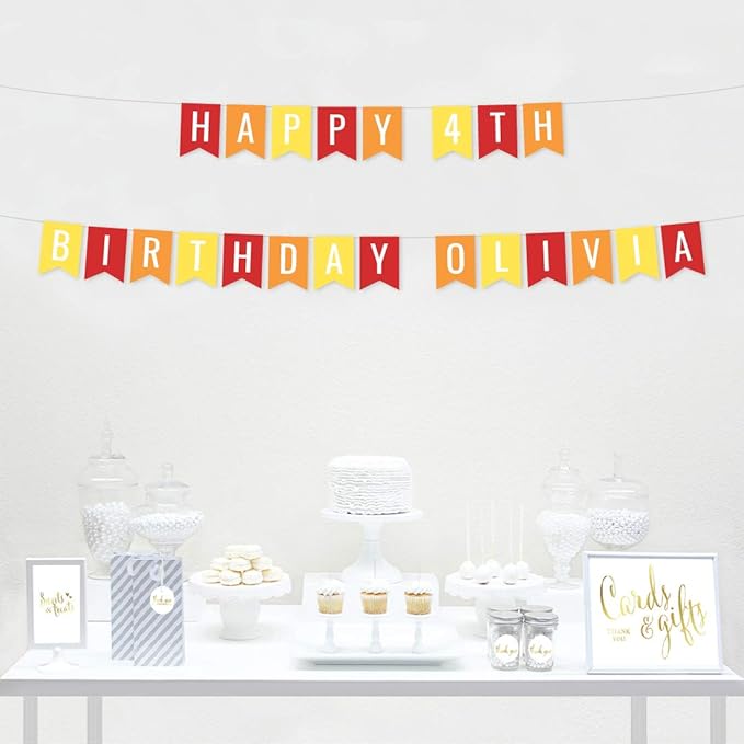 Andaz Press Personalized Hanging Pennant Banner Party Decorations, Rainbow Red Orange Yellow, Happy 4th Birthday Olivia, 1-Pack, Approx. 5-Feet, Custom Name and Number
