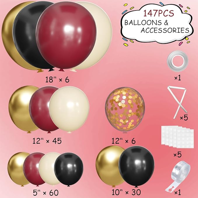 Burgundy Black White Gold Balloon Arch Garland Kit, 147PCS Latex Balloons Different Sizes 18 12 10 5 inch for Valentines Wedding Bachelorette Birthday Mothers Day Graduation Party Decoration