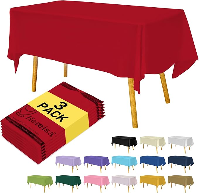 Plastic Red Tablecloths 3 Pack Disposable Table Covers 54 x 108 Inch Ruby Shine Red Table Cloths for Parties Anniversary Thanksgiving Christmas Graduation Wedding