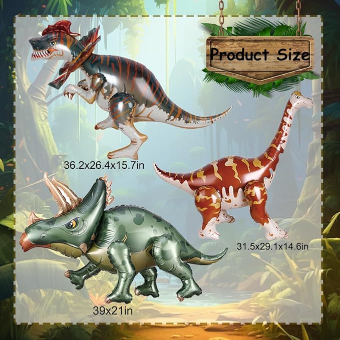 38inch Large Dinosaur Balloons, 3pcs Dinosaur Birthday Decorations Self Standing Triceratops Brachiosaurus Double-crowned Dragon Balloons for Birthday Party Decoration Kit Party Supplies