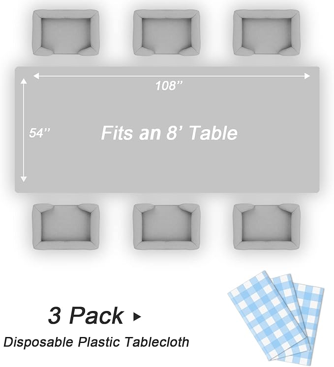 QIKSION Light Blue Gingham Tablecloth Disposable 3 Pack, 54 x 108 Inch Blue and White Checkered Table Cloth for Baby Shower, Easter Decorations, Birthday Party, Rectangle, Plastic Table Cover