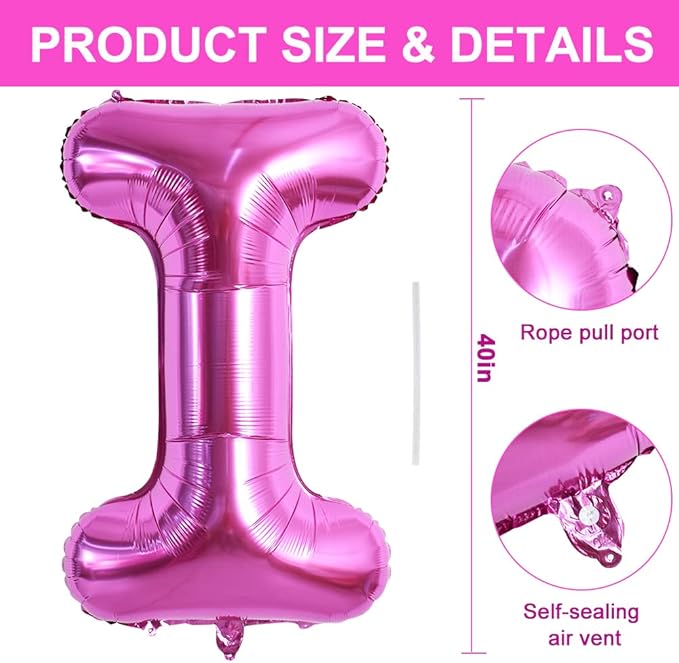 TONIFUL 40 Inch Large Rose Red Letter I Balloons - Giant Hot Pink Alphabet Letter Balloons for Birthday Party Anniversary Supplies Decorations