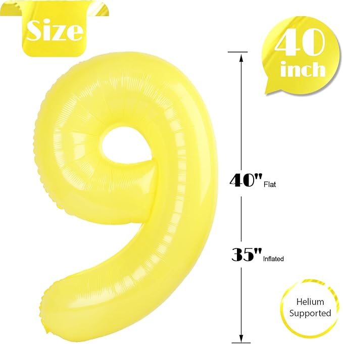 Yellow Number 9 Balloon 40 Inch, 9 Balloon Number, 9th Birthday Decorations, Yellow Party Supplies for Boys Girls