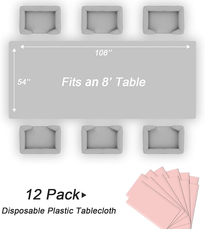 QIKSION Blush Pink Plastic Table Cloth Disposable 12 Pack, 54 x 108 Inch Tablecloths for Valentines, Easter, Mothers Day Decorations, Baby Shower Birthday Party, Rectangle Table Cover