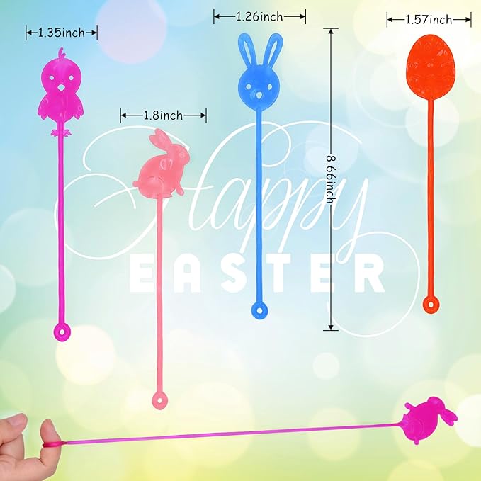 24 Pack Easter Sticky Hands Toys with 24 Pcs Plastic Easter Eggs, Easter Bunny Egg Chick Carrot Flower Basket Sticky Stretchy Toys for Kids Girls Boys Easter Basket Stuffers Party Favors Gifts