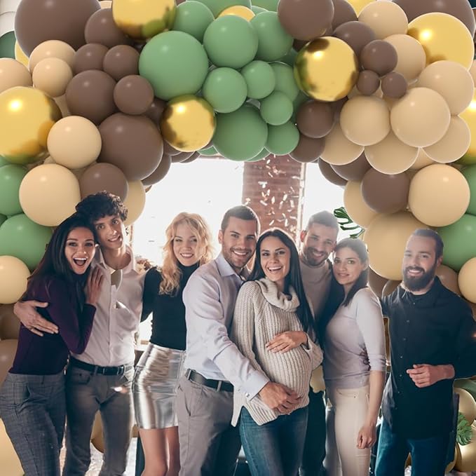 Sage Green and Brown Balloon Garland Arch Kit, 122PCS Brown Nude Gold Balloons Woodland Camo Army Olive Green Balloon for Jungle Safari Woodland Hunting Theme Birthday Baby Shower Decorations