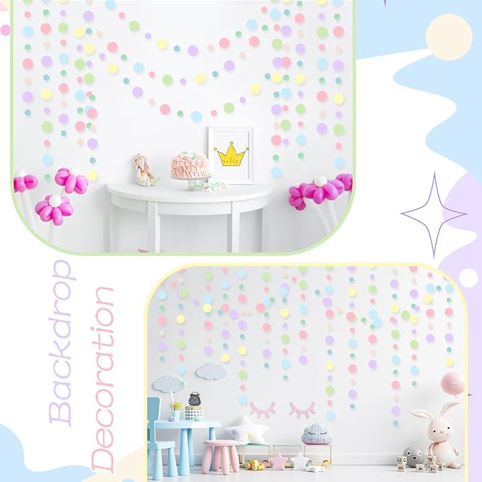 Outus 5 Pieces Colorful Dots Paper Garland Easter Decor Round Glitter Hanging Confetti Streamers Backdrop for Spring Birthday Classroom Halloween Trunk or Treat Car Decoration (Pastel)
