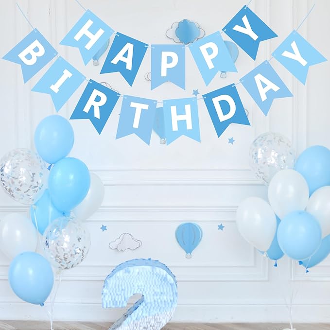 Happy Birthday Banner Sign, Birthday Garland Wall Door Hanging Banners Flag for Women Men Boys Girls Party Backdrop Decorations, Personalized Name Banner White Letters Light Blue