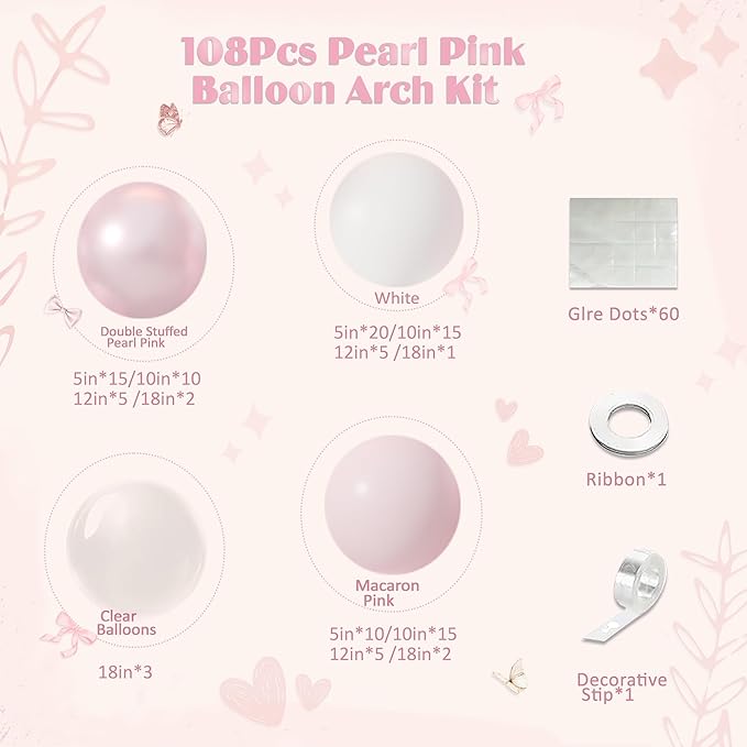 Pink Balloon Arch Kit, 108Pcs Double Stuffed Balloon Arch Garland Kit Include Pearl Pink Macaron Pink White Balloons Clear Balloons for Birthday Wedding Baby Shower Bridal Party Decorations