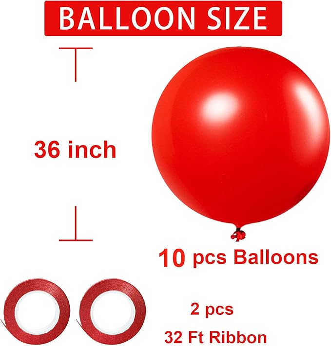 Red Balloons Red Birthday Decorations 10 Pack 36 inch Round Latex Balloons for Wedding Anniversary Birthday Valentine's 4th of July Independence Memorial Day Patriotic Party Decorations