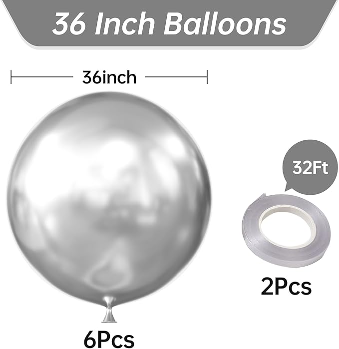 KALOR 36 Inch Giant Metallic Silver Balloons, 6 Pack Large Round Silver Latex Balloons for Anniversary, Birthday, Christmas, Wedding, Baby Shower Party Decorations