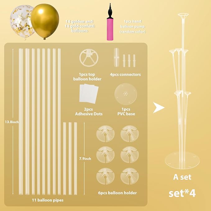 4 Sets Balloon Stand Kit, Balloon Sticks Holder Table Centerpiece with Gold Balloons for Christmas Graduation Birthday Wedding New Year 2026 Party Decorations(Gold)