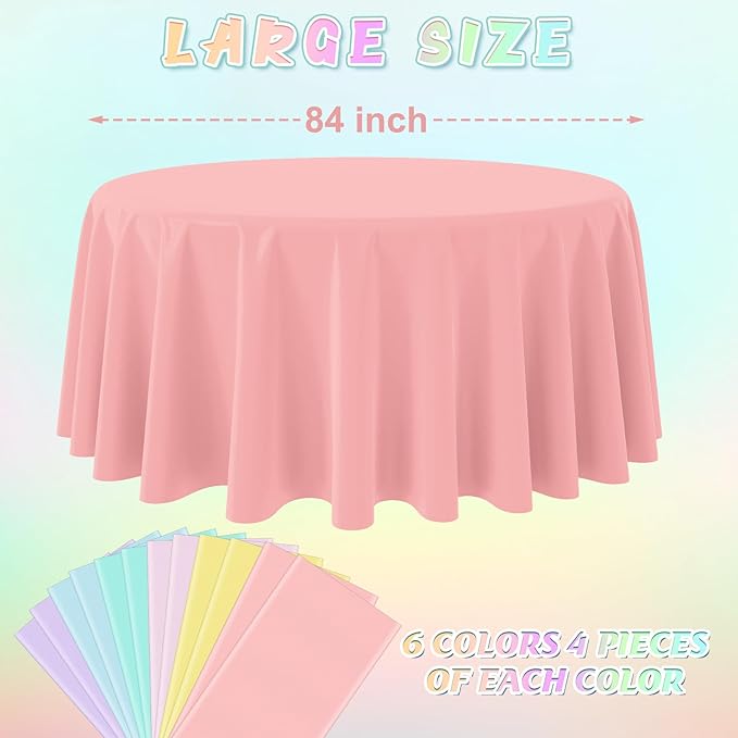 24Pcs 84 Inch Round Pastel Tablecloths, Rainbow Mix Color Plastic Tablecloth Disposable Round Table Covers for Baby Shower,Bridal,Wedding, Easter,Birthday and Ice Cream Party Decoration
