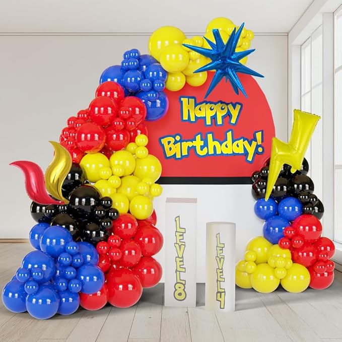 148PCS Red Blue Yellow Balloon Arch Garland Kit with Black Fire Flash Lightning Star Balloons for Cartoon Theme Party Supplies, Boys Birthday Decorations, Gaming or Superhero Style