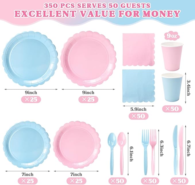Vyntra 350 Pcs Pink and Blue Disposable Paper Plates and Napkins Set for 50, 9" Dinner Plates & 7" Dessert Plates, Tableware for Baby Shower, Gender Reveal, Birthday, Party