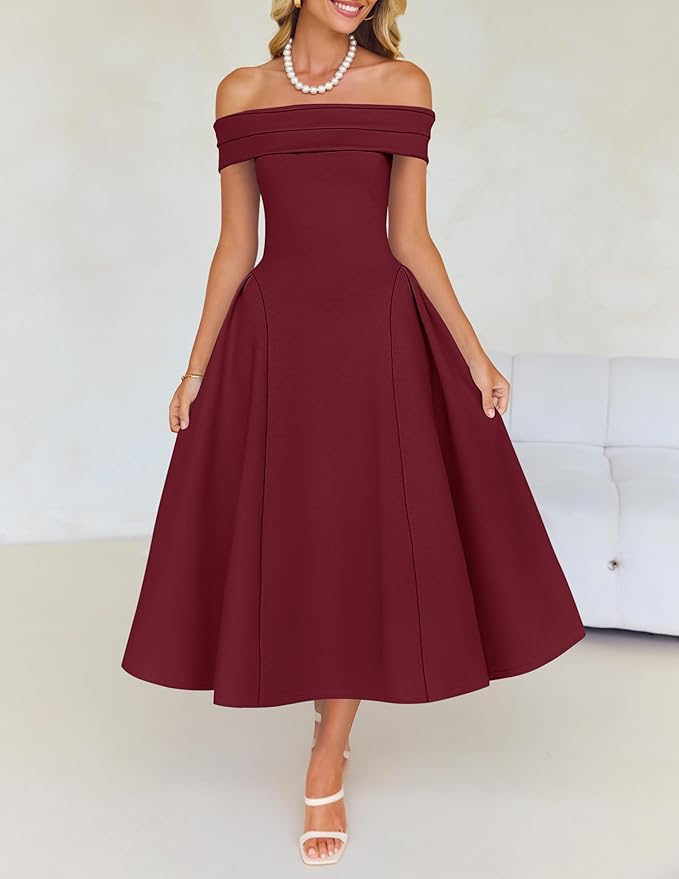ZESICA Summer 2026 Cocktail Dresses for Women's Off Shoulder Short Sleeve Swing A Line Wedding Evening Party Midi Dress