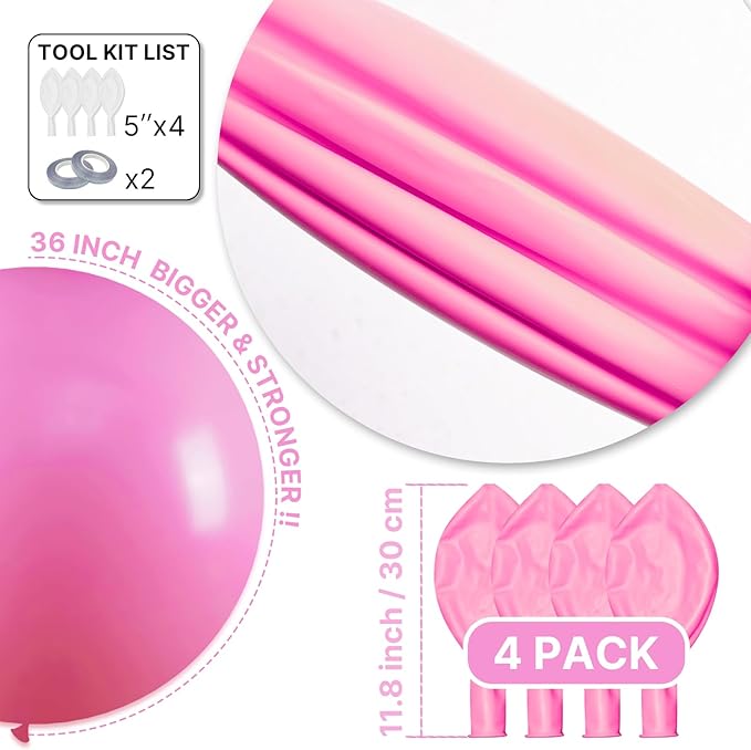 PartyWoo Pink Balloons 4 pcs 36 Inch Extra Large Big Jumbo Giant Matte Pink Balloons for Valentine's Day Baby Shower Gender Reveal Princess Bachelorette Engagement Birthday Party Decorations Pink-Y11