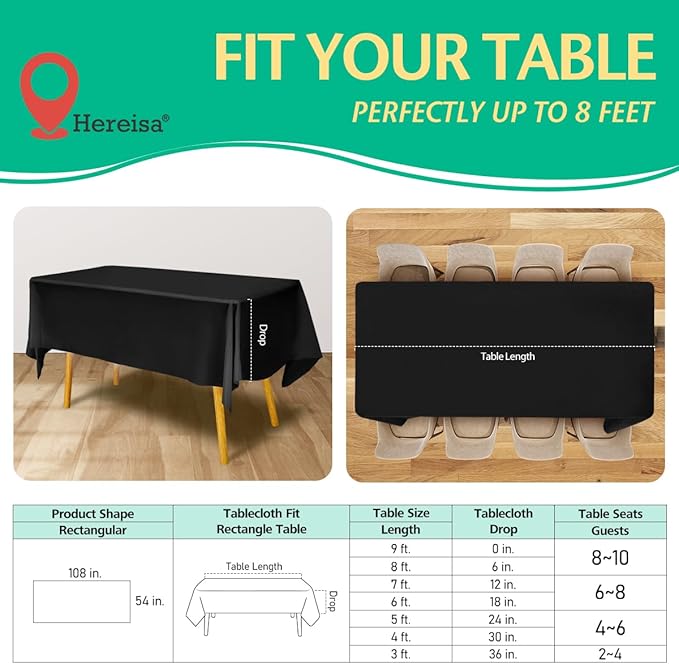 Disposable Black Plastic Tablecloth 54x108 Inch, 10-Count Waterproof Rectangle Table Cover for Events, Catering
