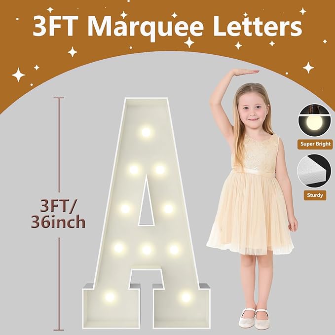 3FT Marquee Light Up Letters, Large Marquee Letters, Pre-cut Foam Board Letter A for Engagement Wedding Decorations Birthday Party Backdrop Decor, Balloon Arch Kit