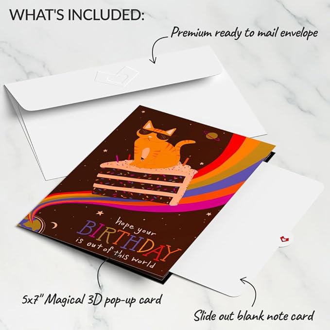 Lovepop Funny Birthday Cat Pop-Up Card for Her and Him - 3D Greeting Cards for Boys, Girls, Men, Women - Out of This World - 5" x 7" Card - Blank Notecard and Envelope Included