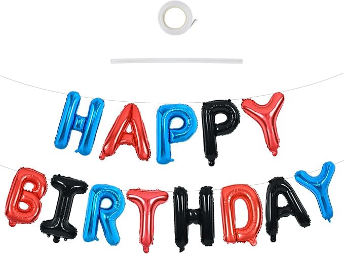 TONIFUL Happy Birthday Balloons with Ribbon Straw, 16 Inch Mylar Letters Birthday Sign Banner Bunting Reusable for Girls Boys Kids & Adults Party Decorations Supplies（Blue Red Black）
