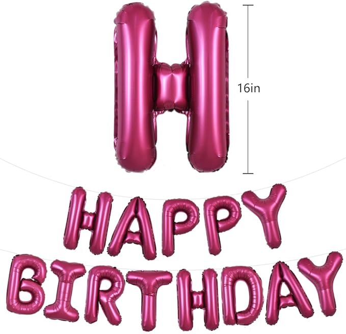 TONIFUL Happy Birthday Balloons Banner with Ribbon Straw,16 Inch Mylar Letters Birthday Sign Banner Balloon Bunting Reusable for Kids & Adults Construction Birthday Party Supplies（Wine Red）