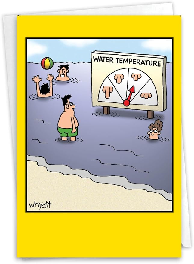 NobleWorks - 1 Funny Cartoon Card for Birthdays - Happy Bday Celebration for Grown-Ups, Humor Stationery Greeting - Water Temp 8323