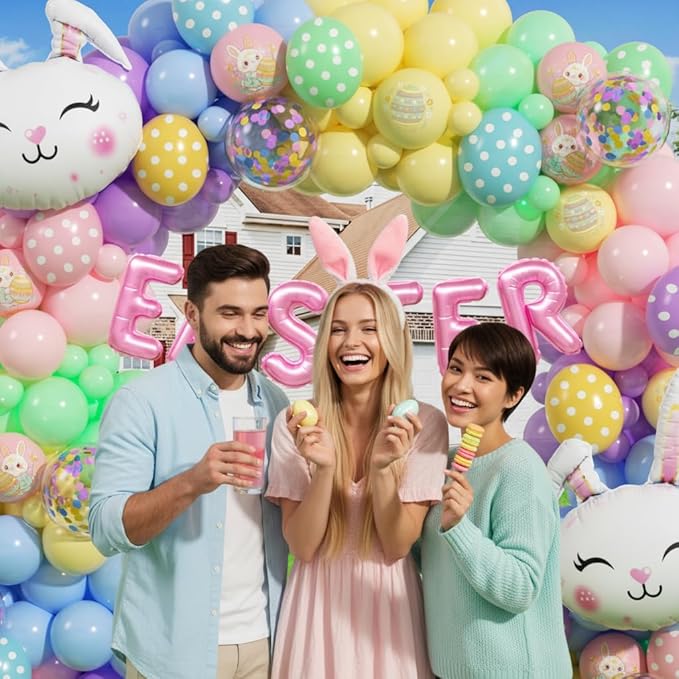 Easter Balloon Garland Kit 168Pcs, Pastel Rainbow Balloon Arch Kit with Bunny Foil, Printed Balloons Spring Colorful Balloon for Spring Easter Baby Shower Birthday Party Decorations