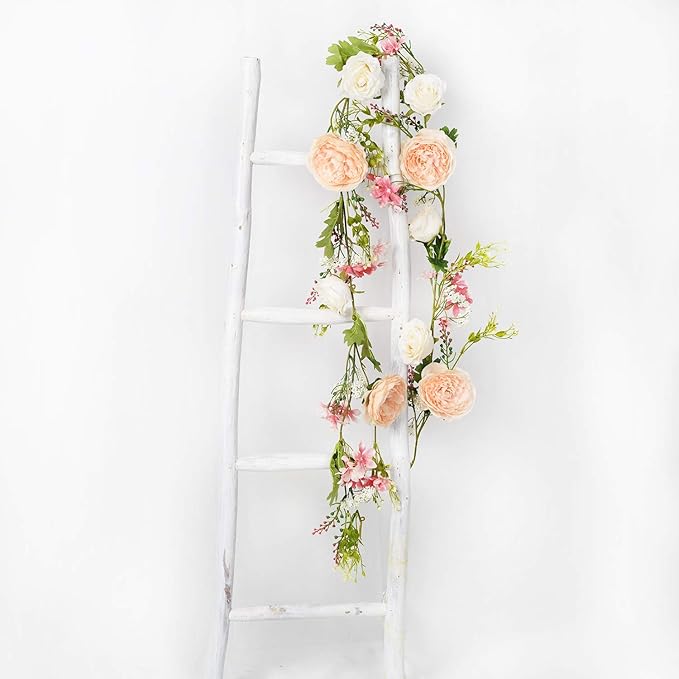 Lvydec Artificial Peony Flower Garland - 6ft Silk Peony Garland with Champagne and White Flowers for Wedding Party Table Decoration