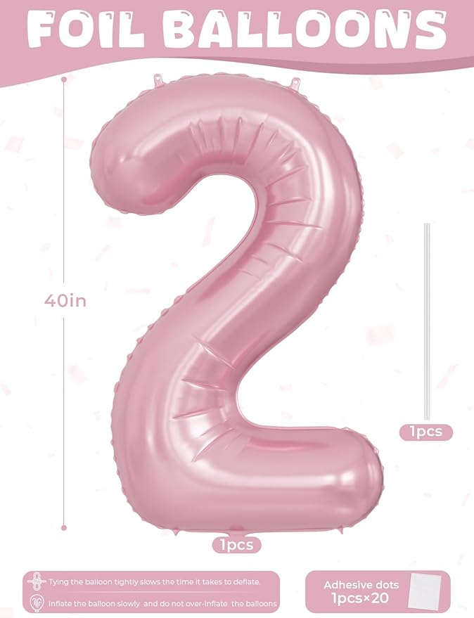 Pink Number 2 Balloons – 40 Inch Giant Foil Number Balloon, Light Pink Number Balloon for Girls Birthday, Baby Shower & Princess Theme Party Decorations