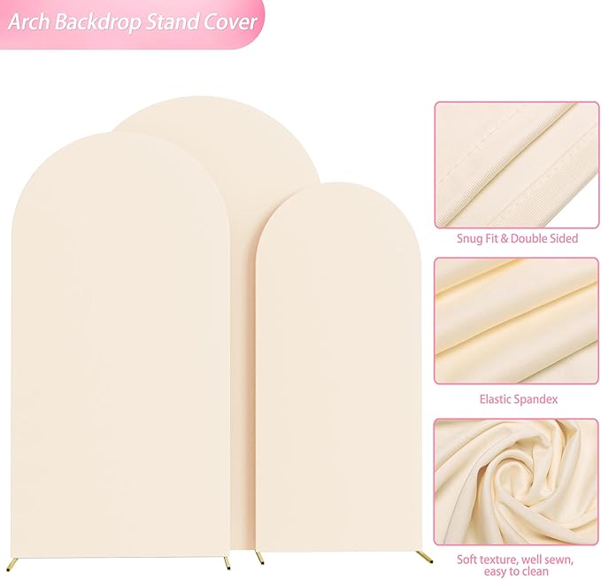 Wokceer Wedding Arch Backdrop Cover (7.2FT, 6.6FT, 6FT) Set of 3 Spandex Fitted Beige Arch Covers Round Top Chiara Arches Covers Stretchy Backdrop for Birthday Party Ceremony Banquet Decor