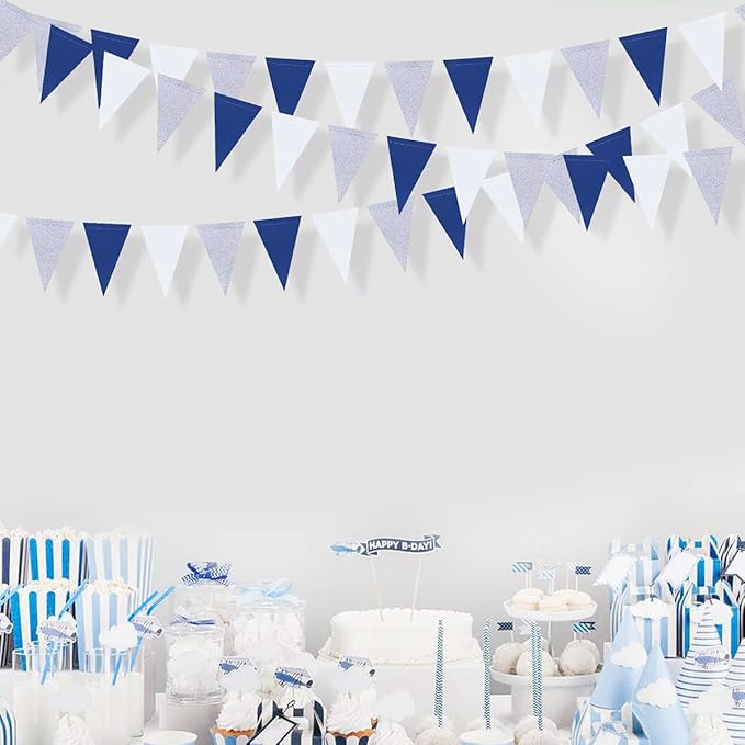 30 Ft Navy Blue White and Silver Party Decorations Royal Blue Triangle Flag Pennant Banner Bunting for Graduation Birthday Wedding Bridal Shower Nautical Ahoy Achor Theme Party Decorations Supplies