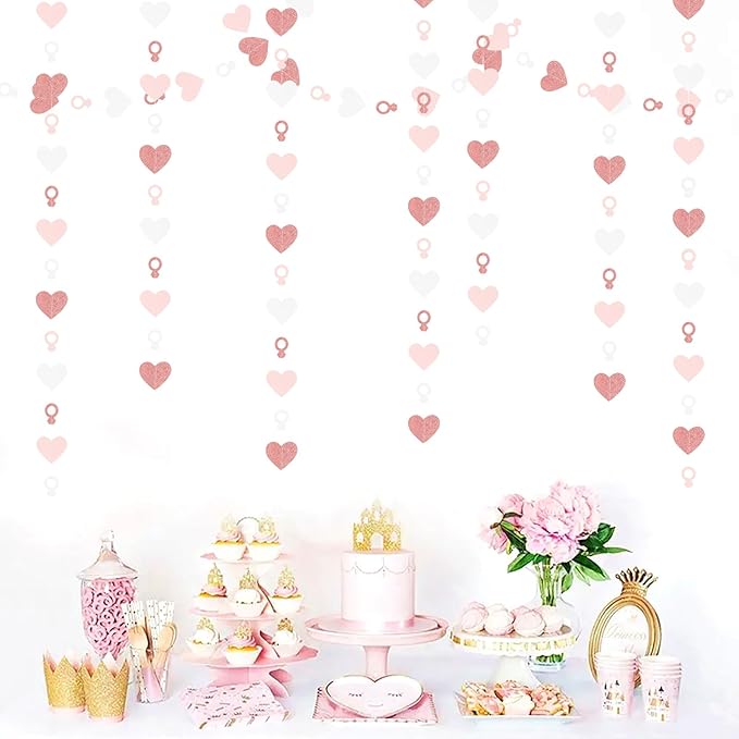 Rose-Gold Pink White Heart-Ring Garland - 52Ft Engagement Bachelorette Party Decorations Wedding Paper Streamers Banner,Valentines Day Galentines Proposal Decor Lasting Surprise