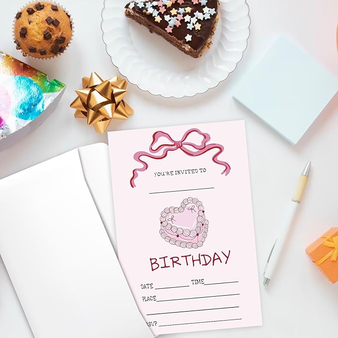 Pink Bow Birthday Invites Cards Party Invitation Cards for Girls Kids Adults Party Invitations 4x6 Inch Blank Invitations with Envelopes 20 Pcs Double Sided Invitation Card for Girls Birthday YT0084
