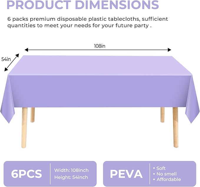 6 Pack Premium Disposable Plastic Tablecloth 54" x 108" Party Table Cloths Disposable for 6 to 8 Foot Tables Indoor or Outdoor Parties Birthdays Weddings Christmas Anniversary Buffet Table (Purple)
