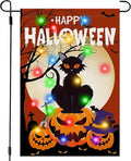 Happy Halloween Garden Flag with Lights, 12x18 in Solar Double Sided Pumpkin Cat Yard Flags, Halloween Outdoor Decorations for Patio, Lawn