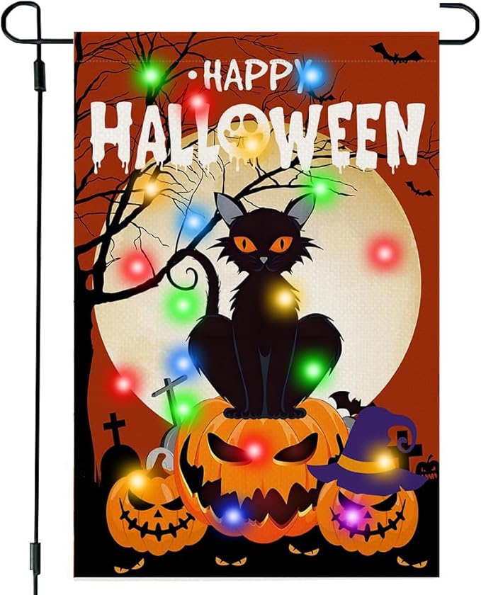 Happy Halloween Garden Flag with Lights, 12x18 in Solar Double Sided Pumpkin Cat Yard Flags, Halloween Outdoor Decorations for Patio, Lawn