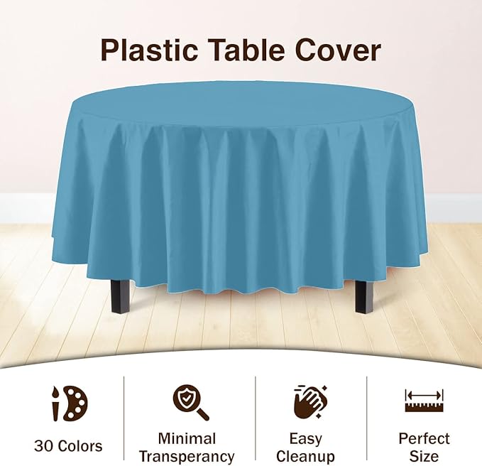 Exquisite Party Solids 6-Pack Premium Plastic Tablecloth 84in. Round Plastic Table Cover - Sky Blue