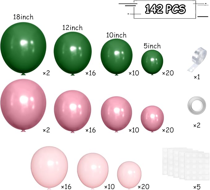 Dusty Rose Balloon Arch Kit, 142 Pcs Retro Pink Nude Dark Green Latex Balloons Different Sizes 18 12 10 5 Inch for Birthday, Baby Shower, Wedding