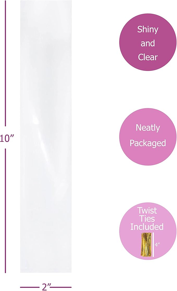 Purple Q Crafts Clear Plastic Cellophane Bags with 4" Colored Twist Ties for Gifts Party Favors (2"x10" 100 Pack)