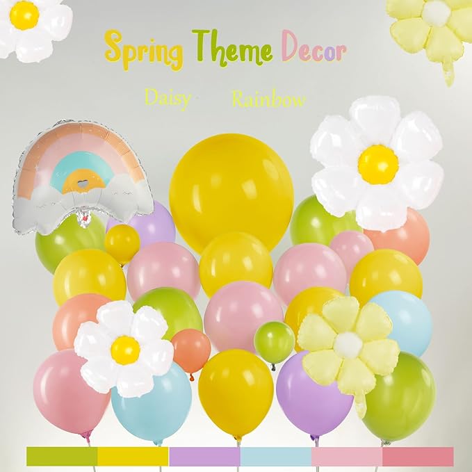 Pastel Daisy balloon arch kit Pastel pink yellow green blue red Purple balloons with rainbow daisy Flower balloon for spring Baby Shower Easter tea Party two groovy Birthday decorations