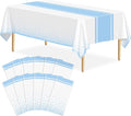 12 Pack White and Light Blue Tablecloth Party Decorations Plastic White Tablecloth Printed Light Blue Table Runner 54 x108 Inch Disposable Rectangle Table Cover for Birthday Graduation