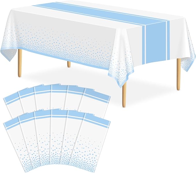 12 Pack White and Light Blue Tablecloth Party Decorations Plastic White Tablecloth Printed Light Blue Table Runner 54 x108 Inch Disposable Rectangle Table Cover for Birthday Graduation