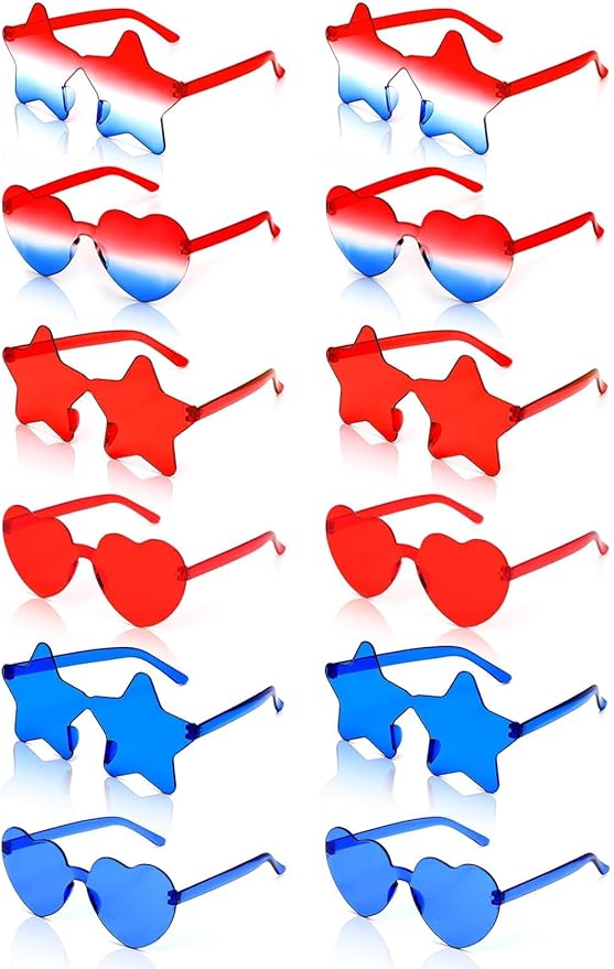 12 Pairs Heart Shaped Sunglasses Rimless Star Glasses for Men Women Party Favors Fun Colorful Glasses Accessories