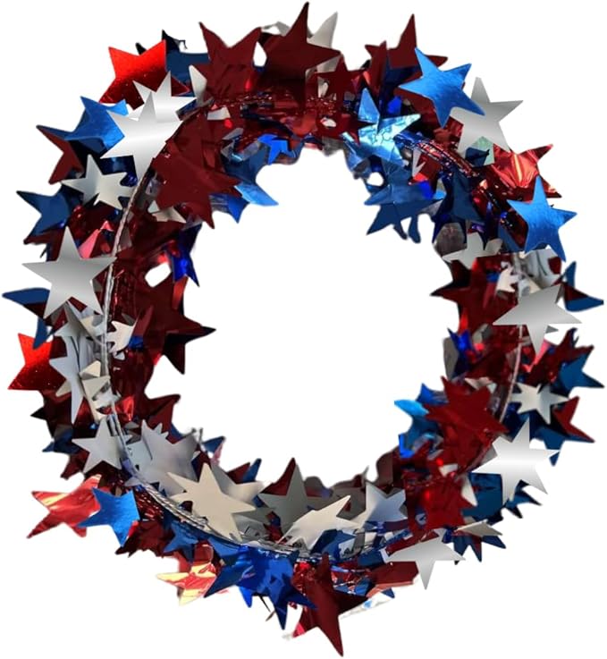 PMU 150 Ft Patriotic Star Garlands with Wire, Shiny Metallic Garland for 4th of July, National Day, Independence Day, Red, White and Blue (6pc-25Ft Each)