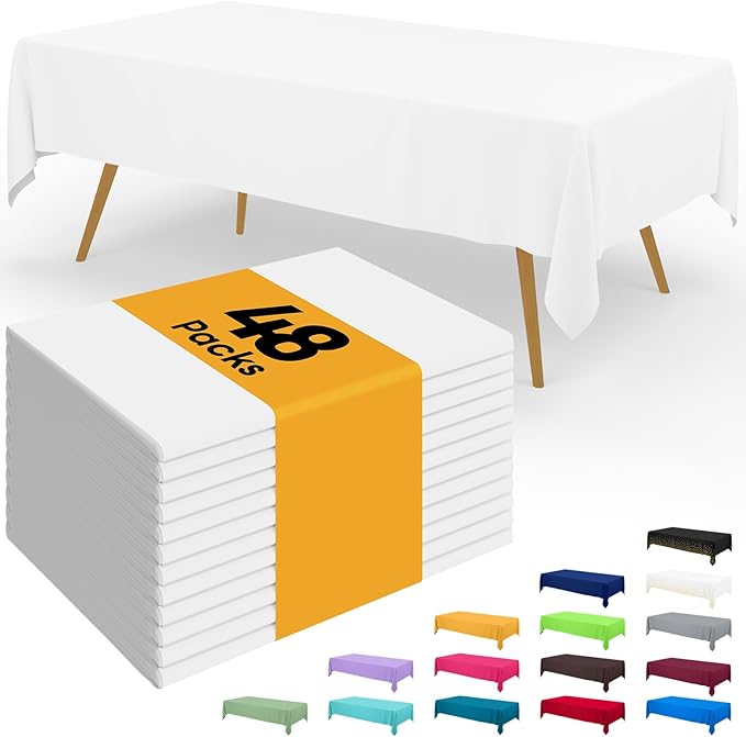 Smiry Disposable Table Cloth - 48 Pack, 54 x 108 Inch Waterproof Rectangle Tablecloths for Parties, Decorative Plastic Table Cover, Leakproof & Sturdy, White