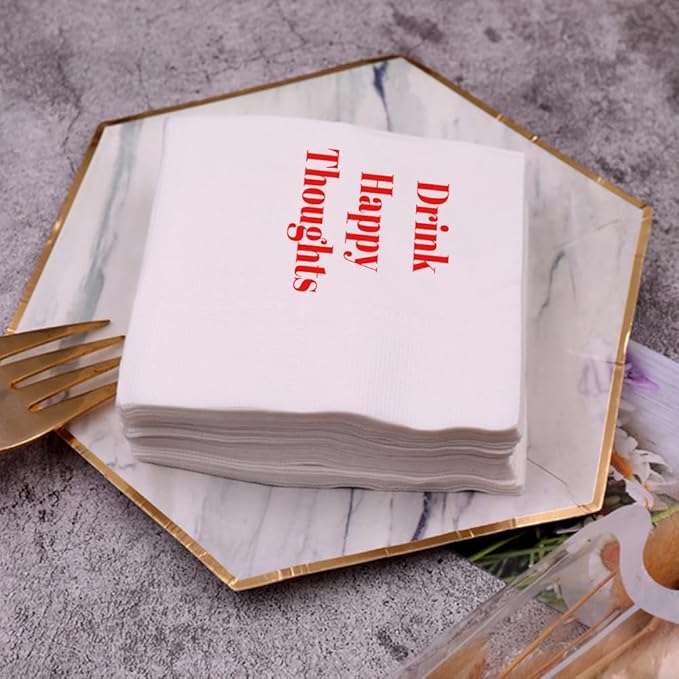 Funny Cocktail Napkins 100Pcs Funny Quotes Saying Disposable Paper Party Napkins 4.5 x 4.5 Two-ply (Drink Happy Thoughts Napkins)